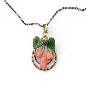 Vintage 60s Genuine Jade Coral Floral Pendant Necklace 3 Coral Roses Jade Leaf